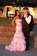 Sweet Mermaid Strapless Pink White Floral Long Prom Dress JP070858