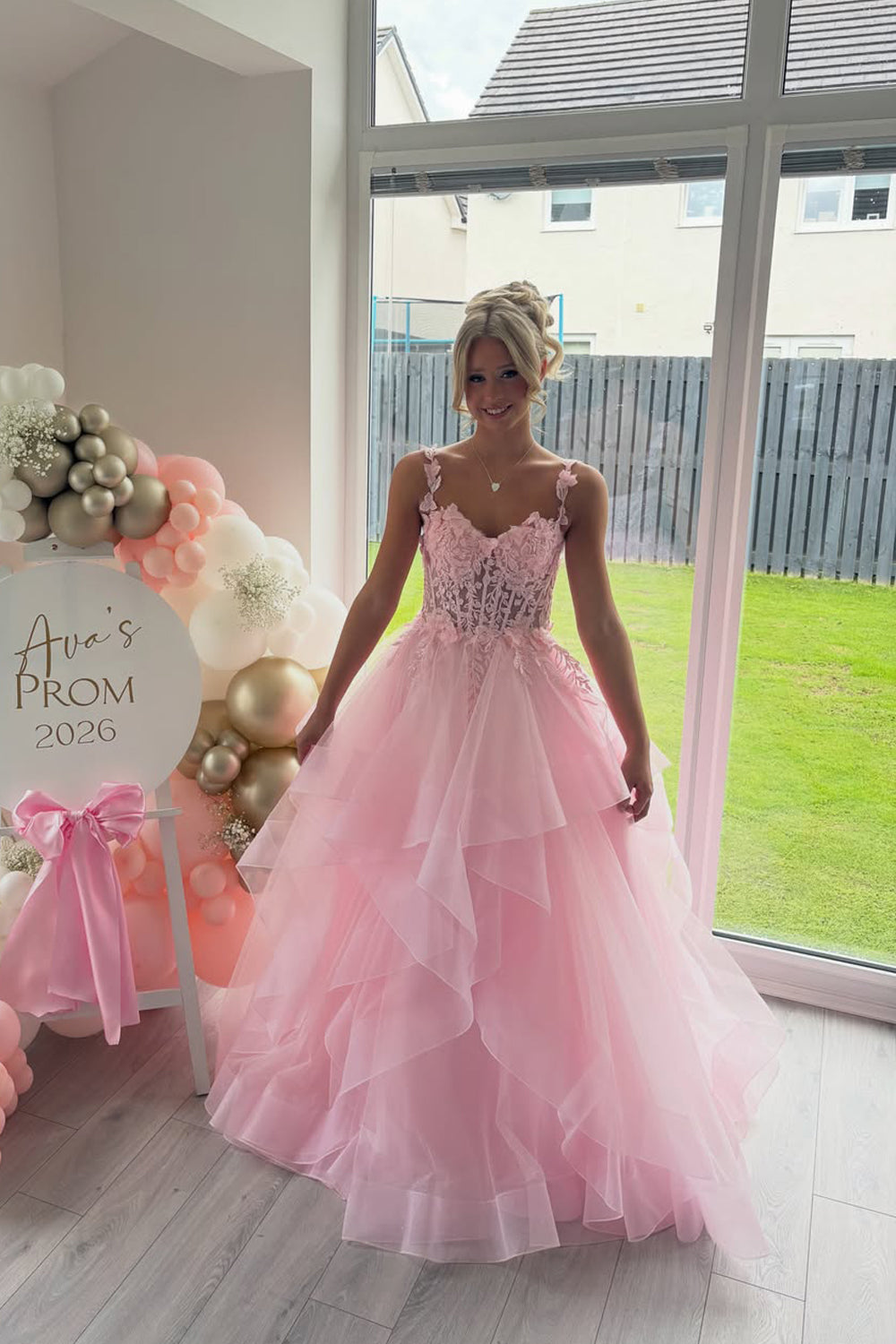 A Line Sweetheart Pink Tulle Prom Dress with Appliques JP070816