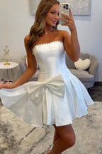A Line Strapless White Satin Homecoming Dress with Bow JP073108