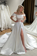 A Line Off the Shoulder Satin Long Wedding Dresses with Slit JP26070890