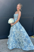 A Line Scoop Neck Jacquard Satin Long Prom Dress with Beading JP070853