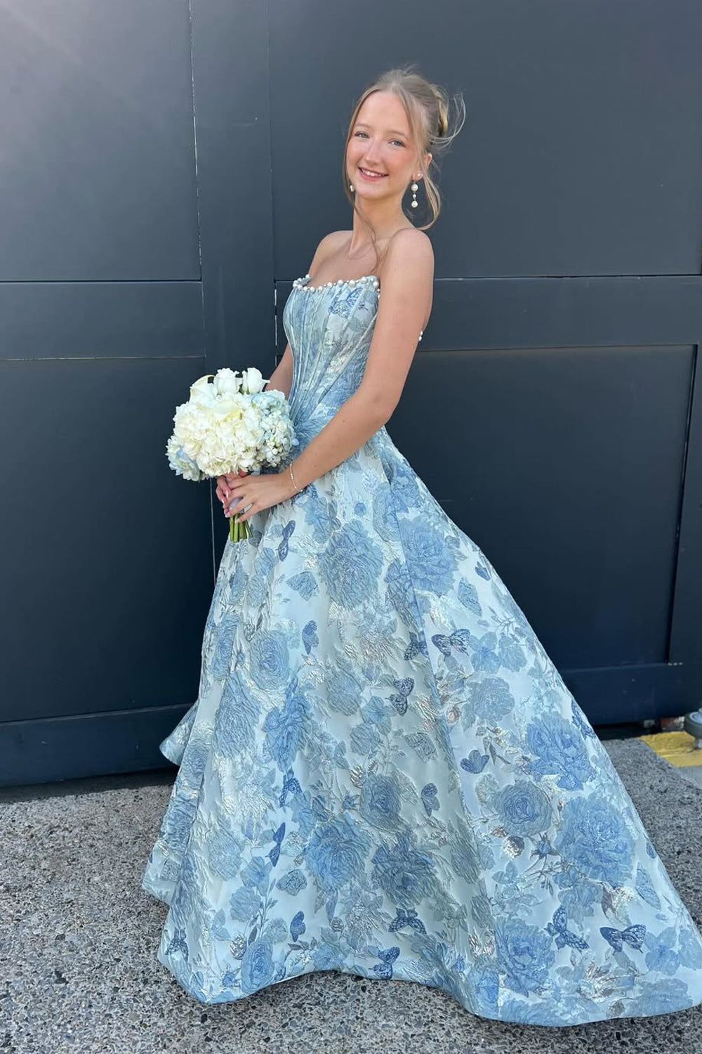 A Line Scoop Neck Jacquard Satin Long Prom Dress with Beading JP070853