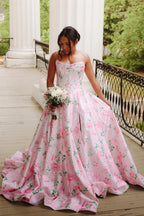 A Line Scoop Neck Floral Satin Long Prom Dress JP070830