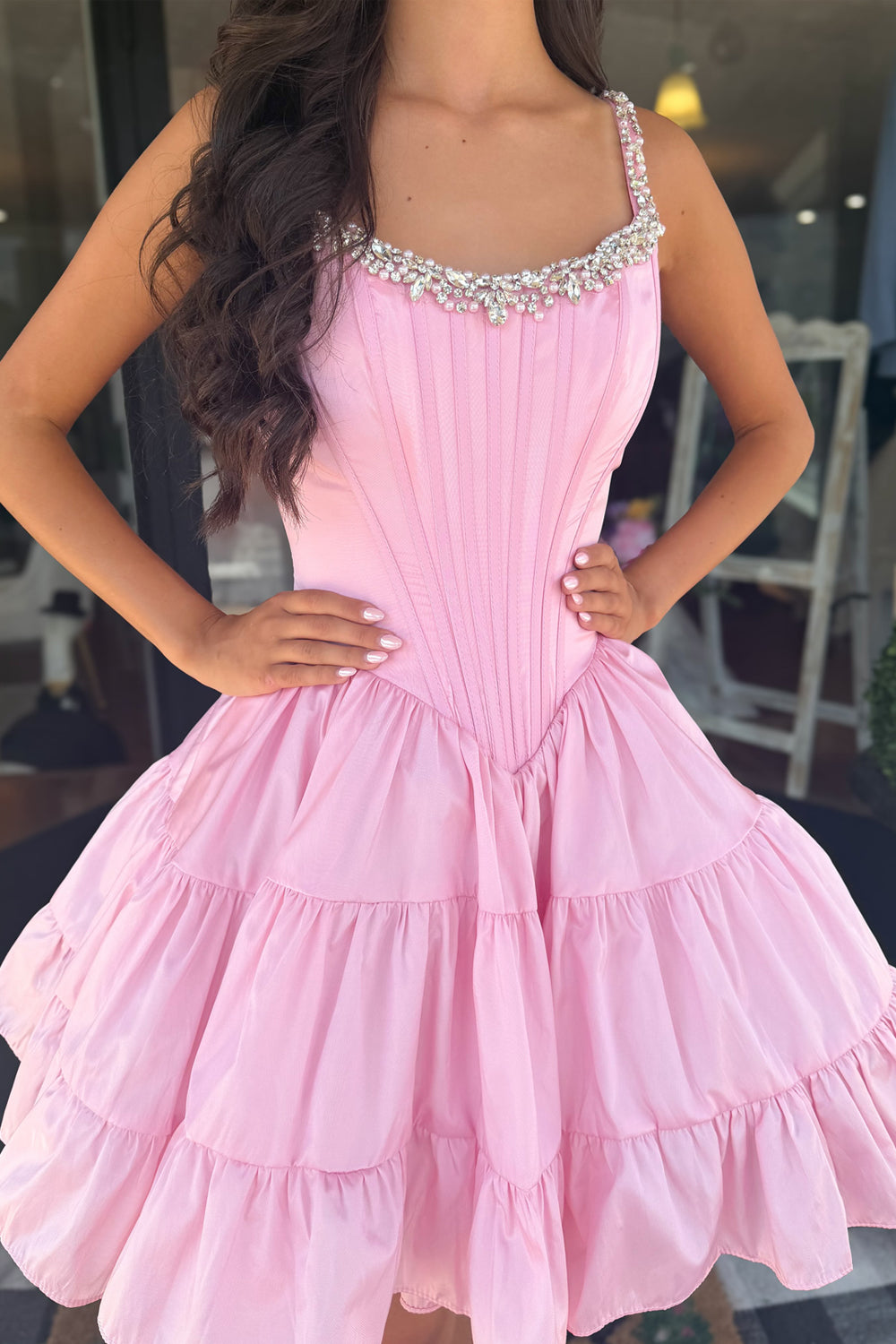 A Line V Neck Light Pink Satin Homecoming Dresses with Beading JP071907