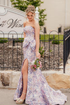 Unique Mermaid Strapless Jacquard Satin Long Prom Dress JP070850