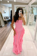 Sheath Strapless Pink Satin Long Prom Dress with Ruffled JP070825
