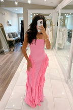 Sheath Strapless Pink Satin Long Prom Dress with Ruffled JP070825