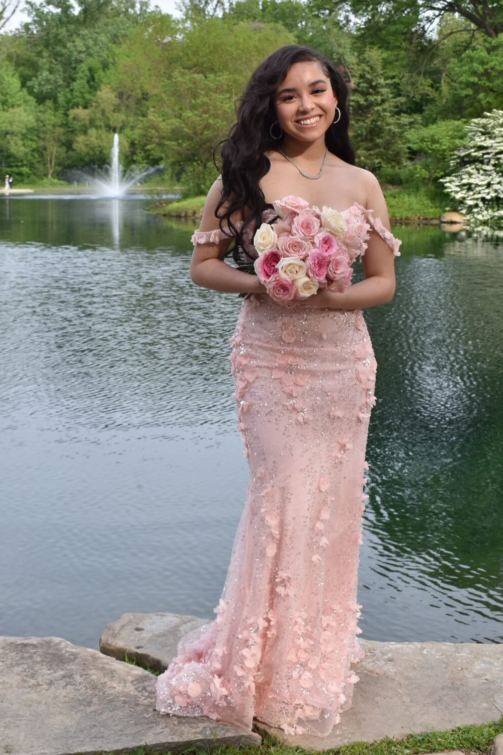 Mermaid Off the Shoulder Blush Pink Lace Prom Dress JP070707