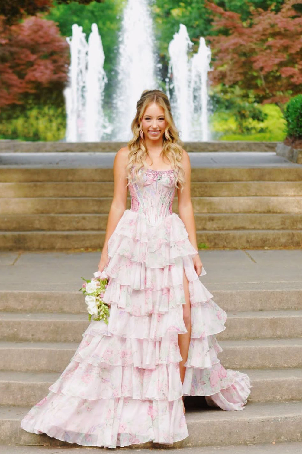 Sweet A Line Scoop Neck Floral Prom Dress with Beading JP070861