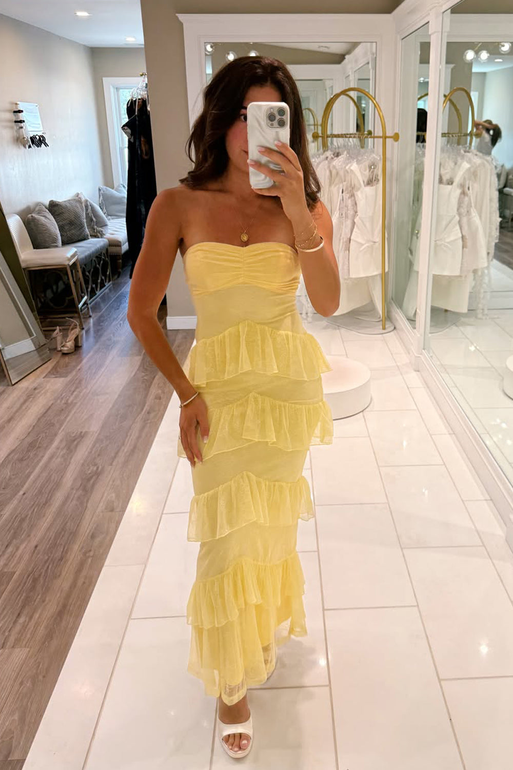 Sheath Strapless Daffodil Chiffon Long Prom Dress JP070824
