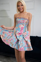 Strapless Jacquard Satin Short Homecoming Dress with Bow JP070604