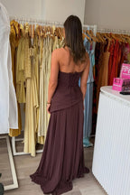 Sheath Strapless Chotolate Chiffon Long Evening Party Dress JP070838