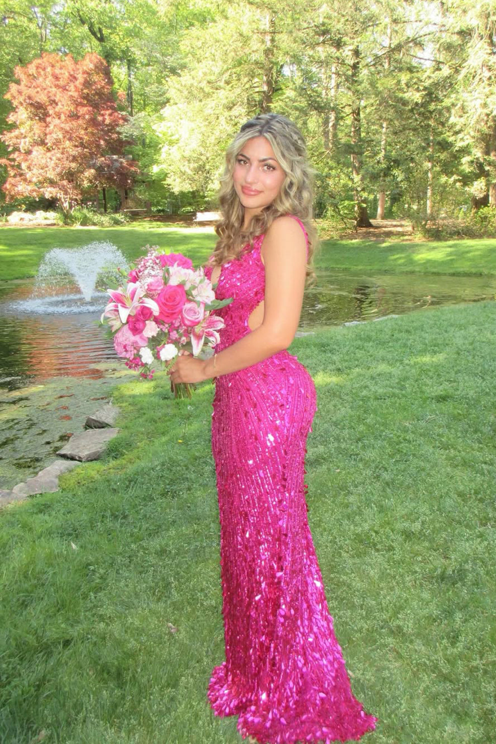 Fuchsia Sequins V Neck Long Prom Dress with Beading JP070837