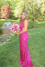 Fuchsia Sequins V Neck Long Prom Dress with Beading JP070837