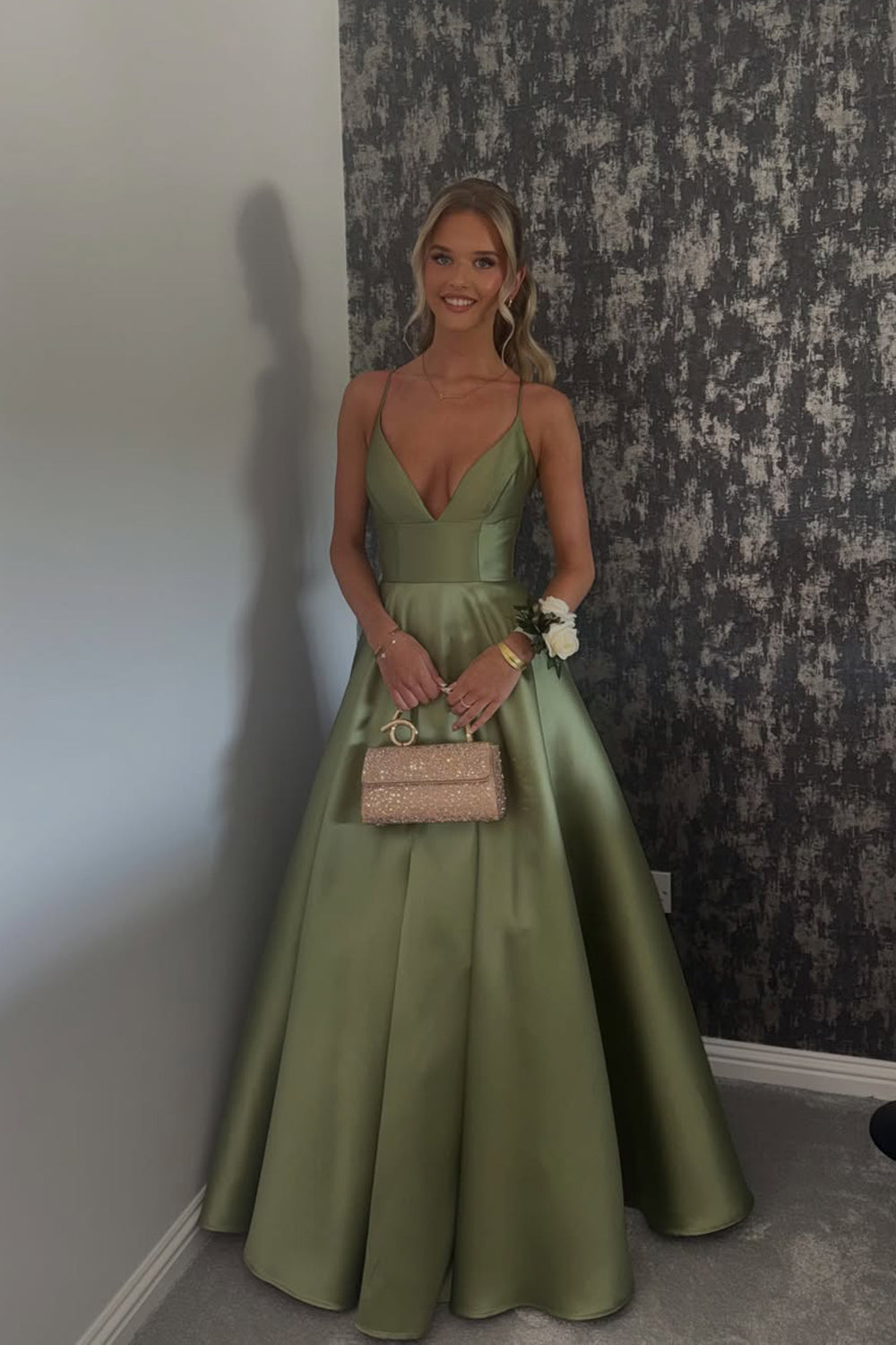 A Line V Neck Sage Green Satin Long Prom Dress with Pockets JP070807