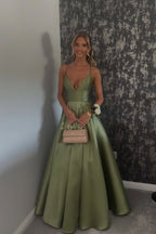 A Line V Neck Sage Green Satin Long Prom Dress with Pockets JP070807