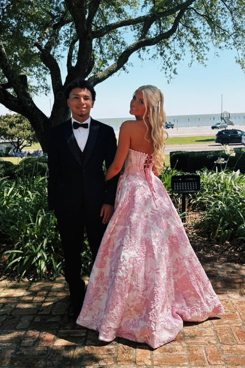 A Line Scoop Neck Pink Jacuqard Satin Long Prom Dress JP070849