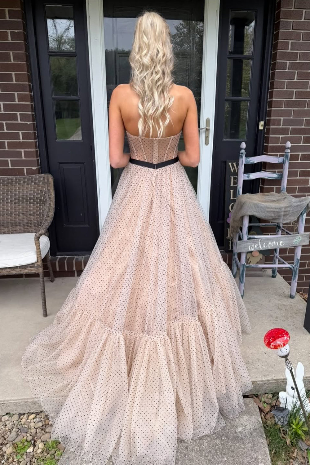 A Line Sweetheart Champagne Black Dot Tulle Long Prom Dress JP070857