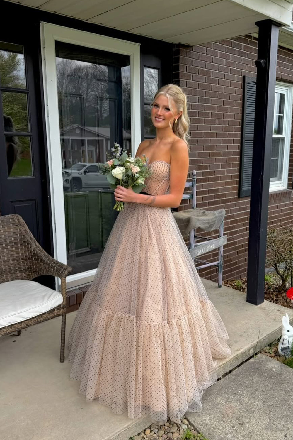 A Line Sweetheart Champagne Black Dot Tulle Long Prom Dress JP070857