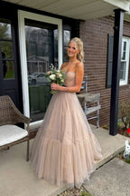 A Line Sweetheart Champagne Black Dot Tulle Long Prom Dress JP070857