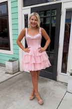 A Line Light Pink Satin Short Homecoming Dresses with Beading JP071504
