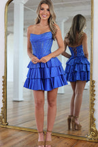 A Line Scoop Neck Royal Blue Hot Fix Satin Homecoming Dresses JP071713