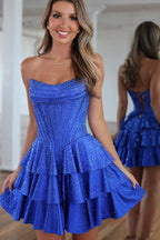 A Line Scoop Neck Royal Blue Hot Fix Satin Homecoming Dresses JP071713
