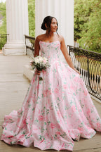 A Line Scoop Neck Floral Satin Long Prom Dress JP070830