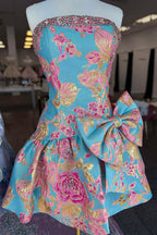 A Line Strapless Jacquard Satin Short Homecoming Dress with Beading JP070630