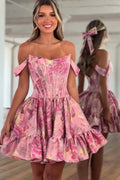 Off the Shoulder Fuchsia Jacquard Satin Short Homecoming Dresses JP062524