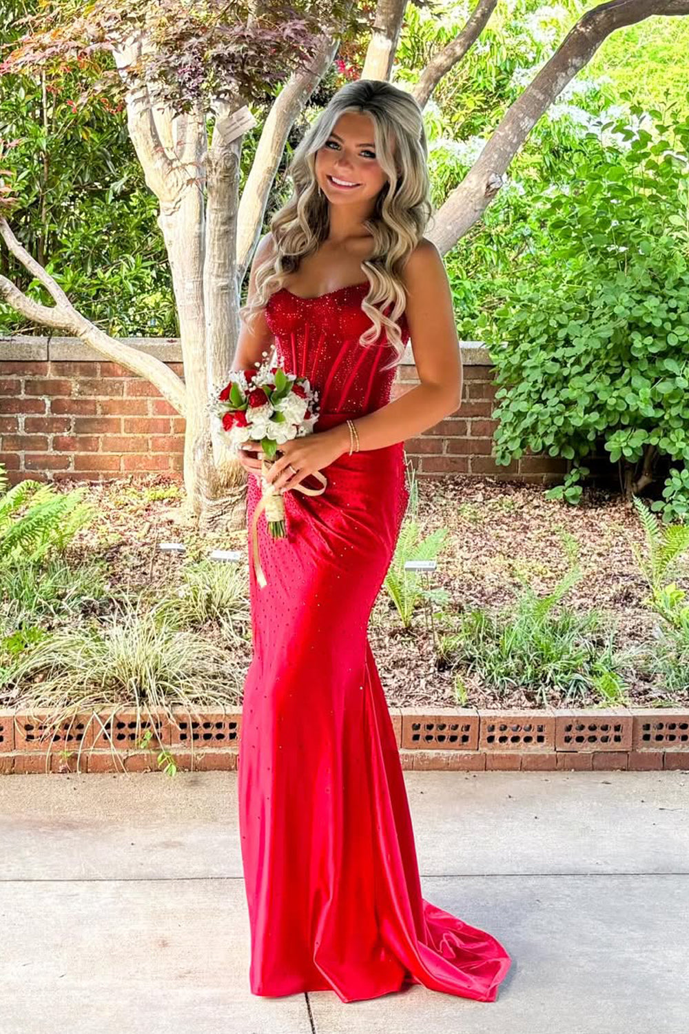 Sparkly Mermaid Strapless Red Hot Fix Satin Prom Dress JP070873