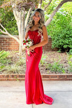 Sparkly Mermaid Strapless Red Hot Fix Satin Prom Dress JP070873