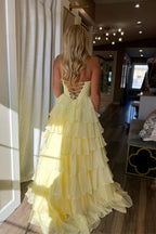 Daffodil V Neck A Line Chiffon Tiered Prom Dress with Hot Fix JP070702