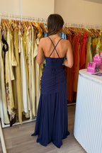 Sheath Straps Navy Chiffon Long Evening Formal Dress JP070847
