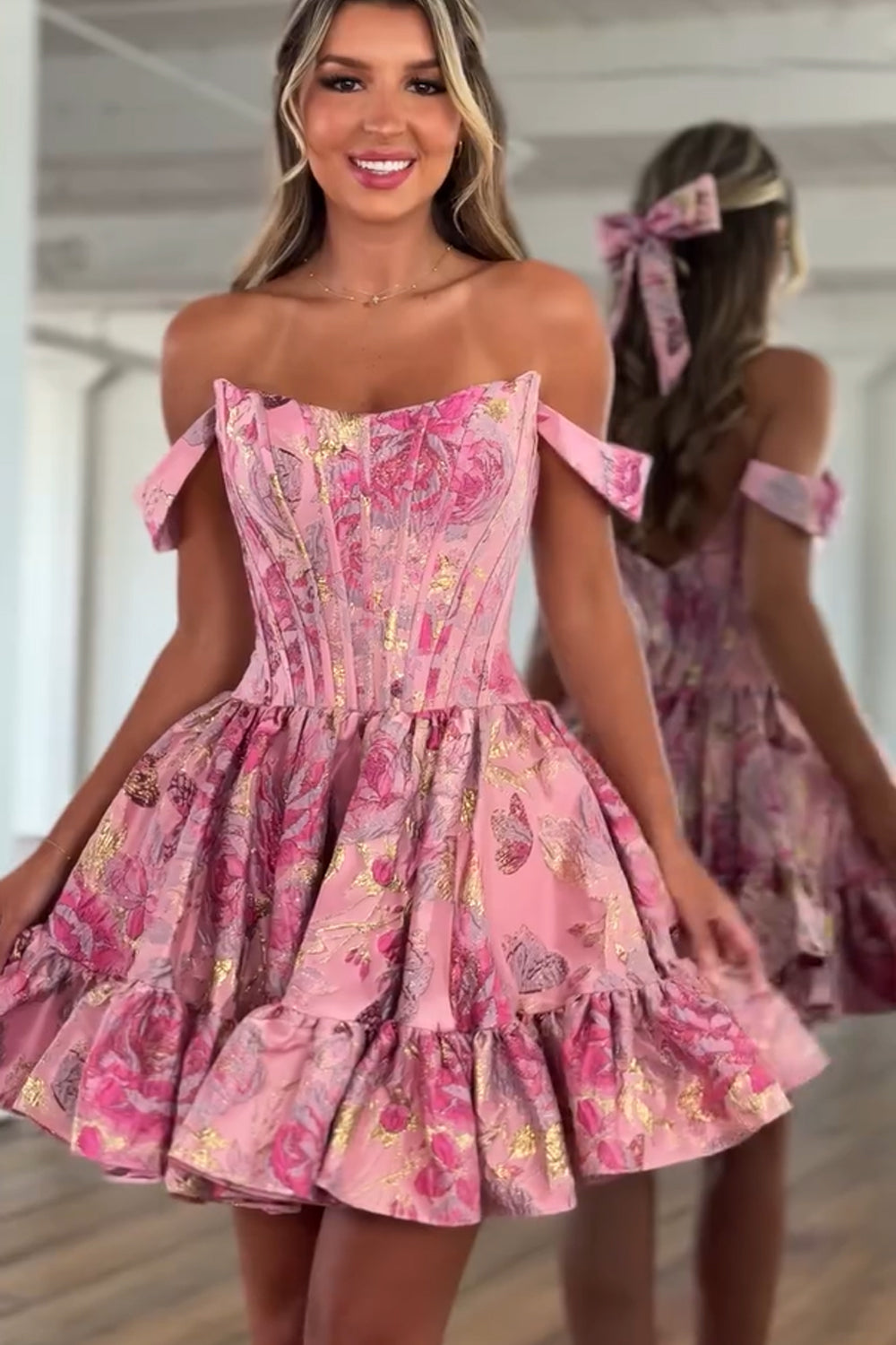 Off the Shoulder Fuchsia Jacquard Satin Short Homecoming Dresses JP062524