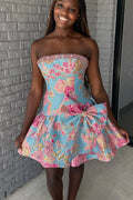A Line Jacquard Satin Strapless Blue Pink Homecoming Dresses JP062213