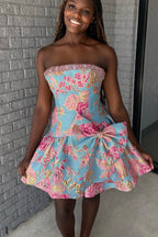 A Line Jacquard Satin Strapless Blue Pink Homecoming Dresses JP062213