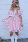 A Line Sweetheart Off the Shoulder Pink 3D Lace Homecoming Dress JP082503