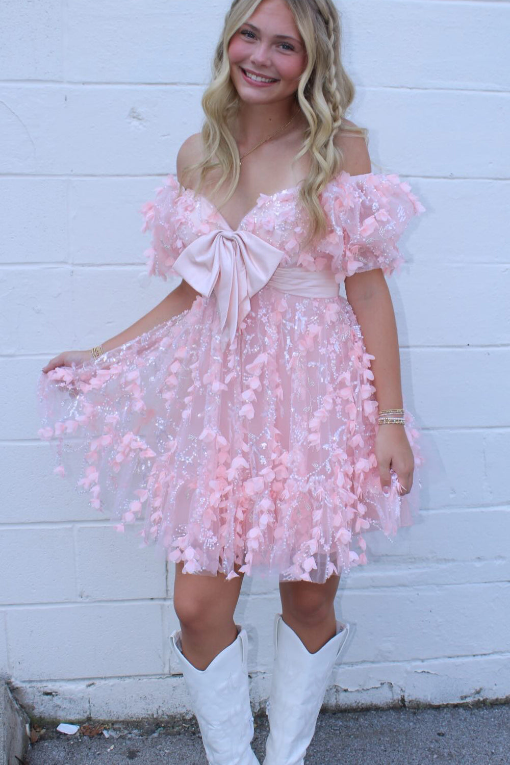 A Line Sweetheart Off the Shoulder Pink 3D Lace Homecoming Dress JP082503