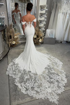 Mermaid Off the Shoulder Stretch Satin Wedding Dresses with Lace JP070888
