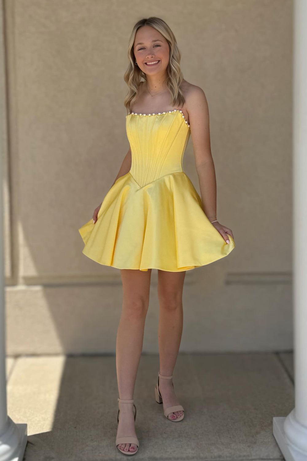 A Line Strapless Yellow Satin Homecoming Dresses with Beading JP071910