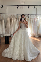 Vintage A Line Scoop Neck Lace Tulle Long Wedding Dresses JP070920