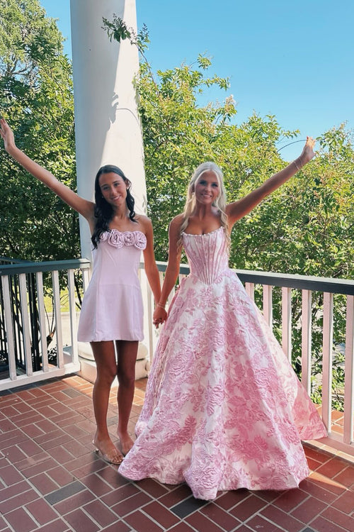 A Line Scoop Pink Jacquard Satin Long Prom Dress with Pearls JP070864
