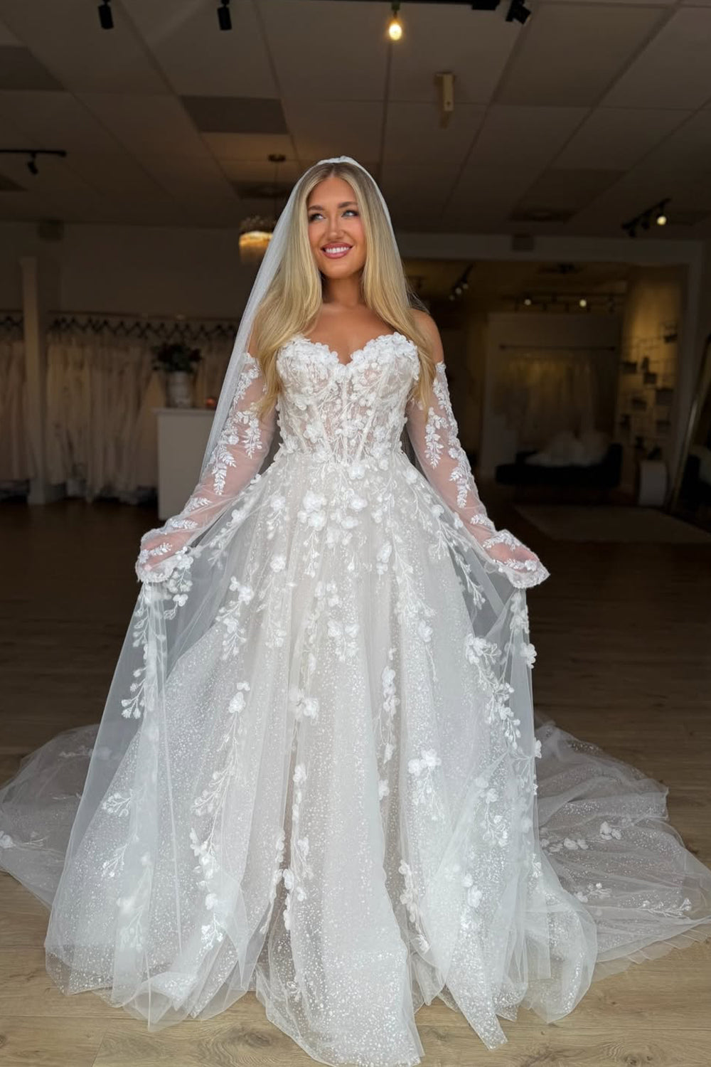A Line Sweetheart Tulle Wedding Dresses with Appliques JP26070876
