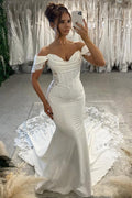Off the Shoulder Elastic Satin Wedding Dresses with Appliques JP070912