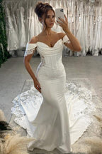 Off the Shoulder Elastic Satin Wedding Dresses with Appliques JP070912
