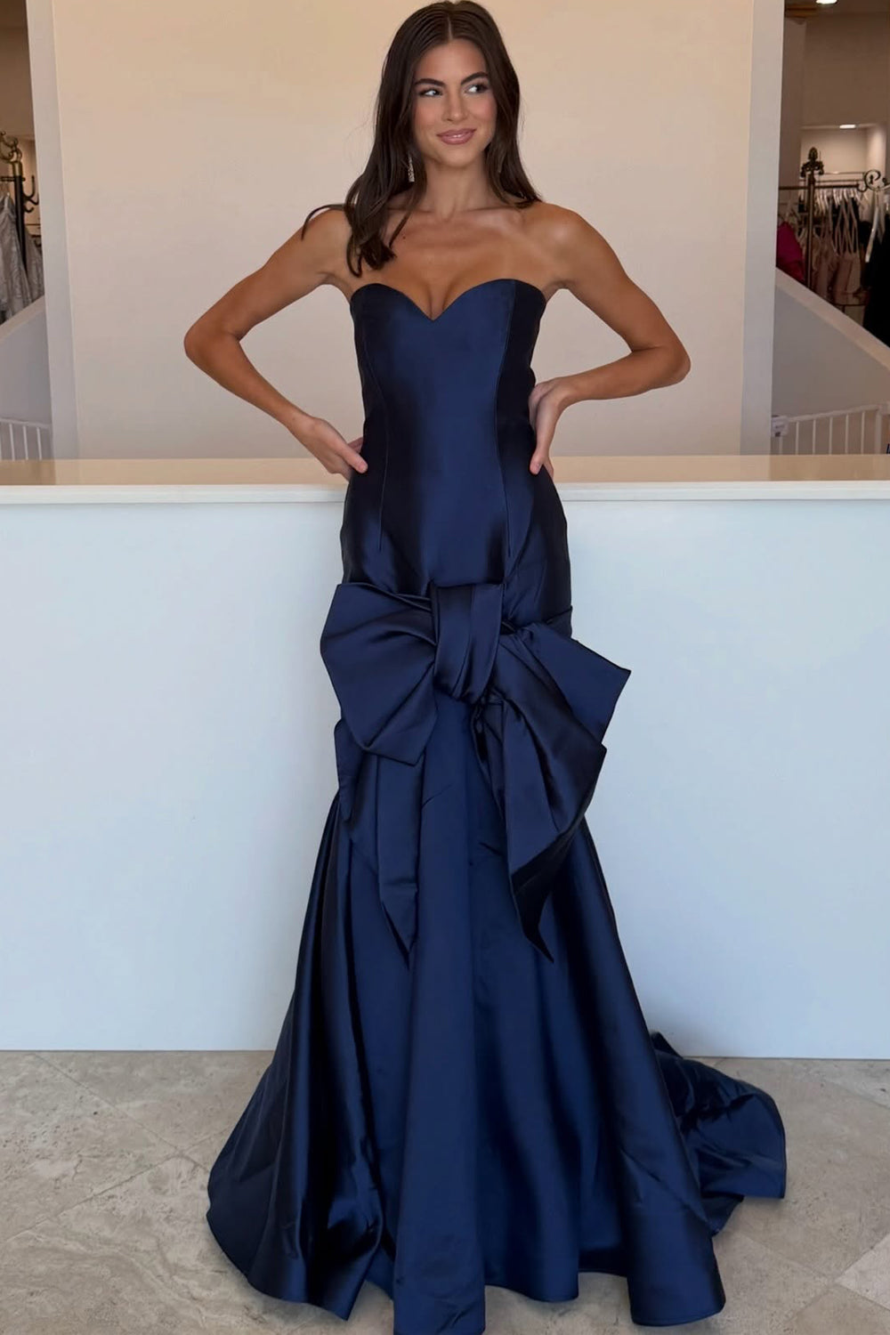 Mermaid Sweetheart Navy Satin Long Prom Dress with Bow JP071915