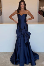 Mermaid Sweetheart Navy Satin Long Prom Dress with Bow JP071915