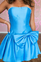 A Line Strapless Blue Satin Short Homecoming Dress with Beading JP073105