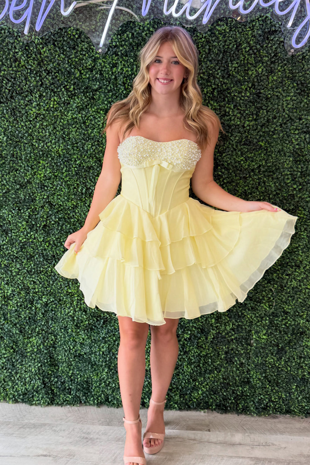 A Line Strapless Daffodil Tiered Chiffon Homecoming Dress with Beading JP082507